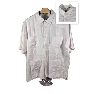 Tasso Elba 100% Linen Mens XL Pink Guayabera 4 Pocket Cuban Wedding Camp Shirt
